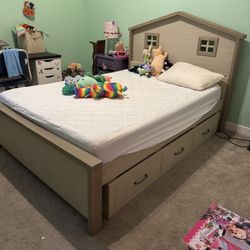 Real wood full size bed frame/set with under bed drawers and house style head board. Mattress not included.