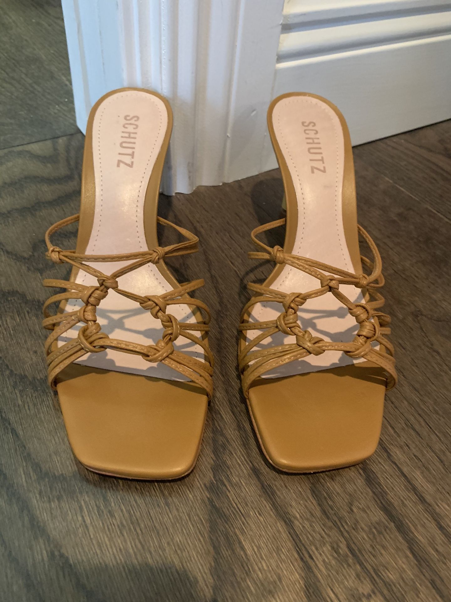 New, leather and bamboo heels sandals, size 7.5