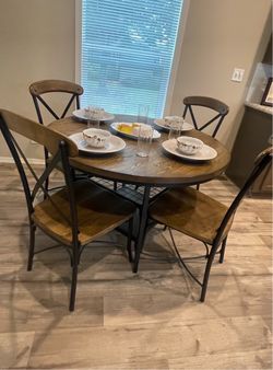 Round Wood and Metal Dining Table Set with 4 Chairs