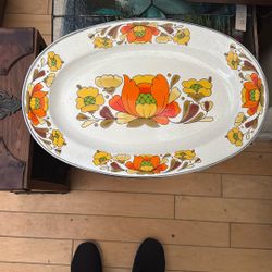 Mid-century country flowers enamel 18 inch platter