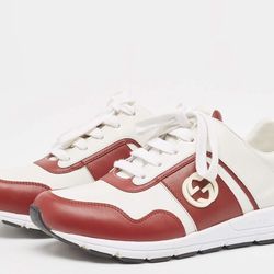 Women Red/White Leather Interlocking G Low Top Sneakers Size 37
