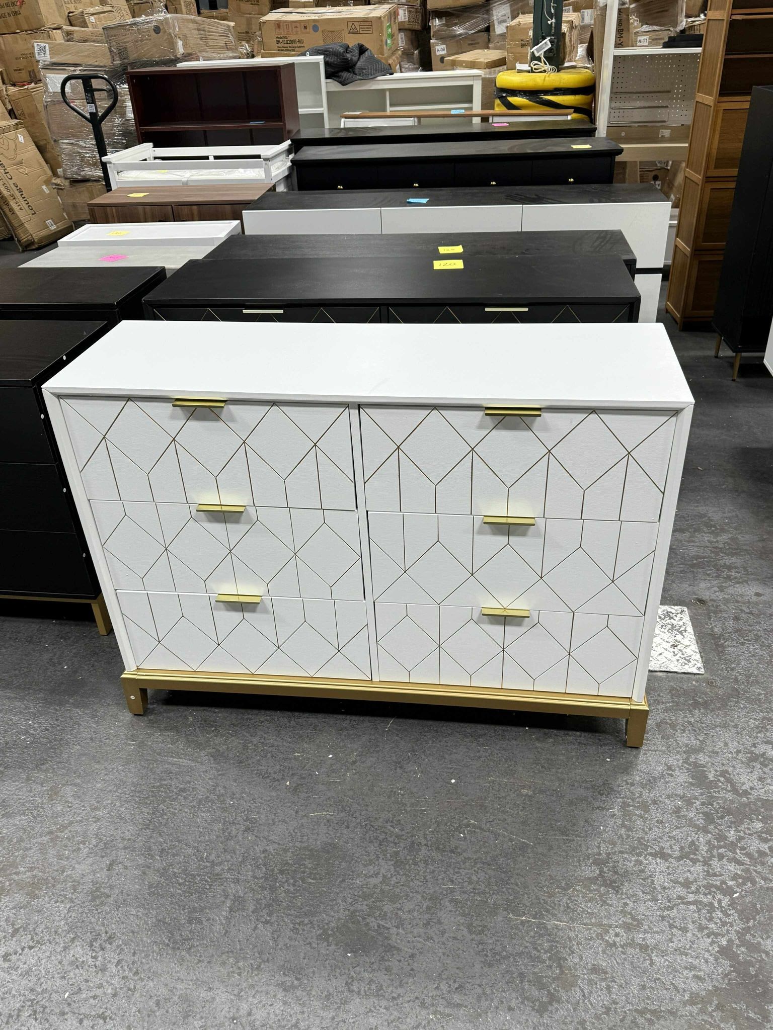 White Dresser with 6 Drawers,48" Modern Dresser Wide Chest of Drawers with Gold Lines Carved Design, TV Stand, Wood Dressers & Chest of Drawers for Be