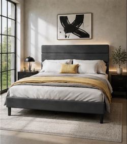 Brand New Queen Upholstered Platform Bed Frame – No Box Spring Needed – Gray