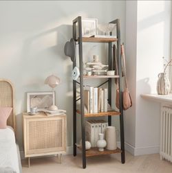 4 Tiers Ladder Bookcase, Industrial Narrow Bookshelf, Open Display Rack with 4 S Hooks, Metal Storage Shelves for Bedroom, Home Office, Living Room, R