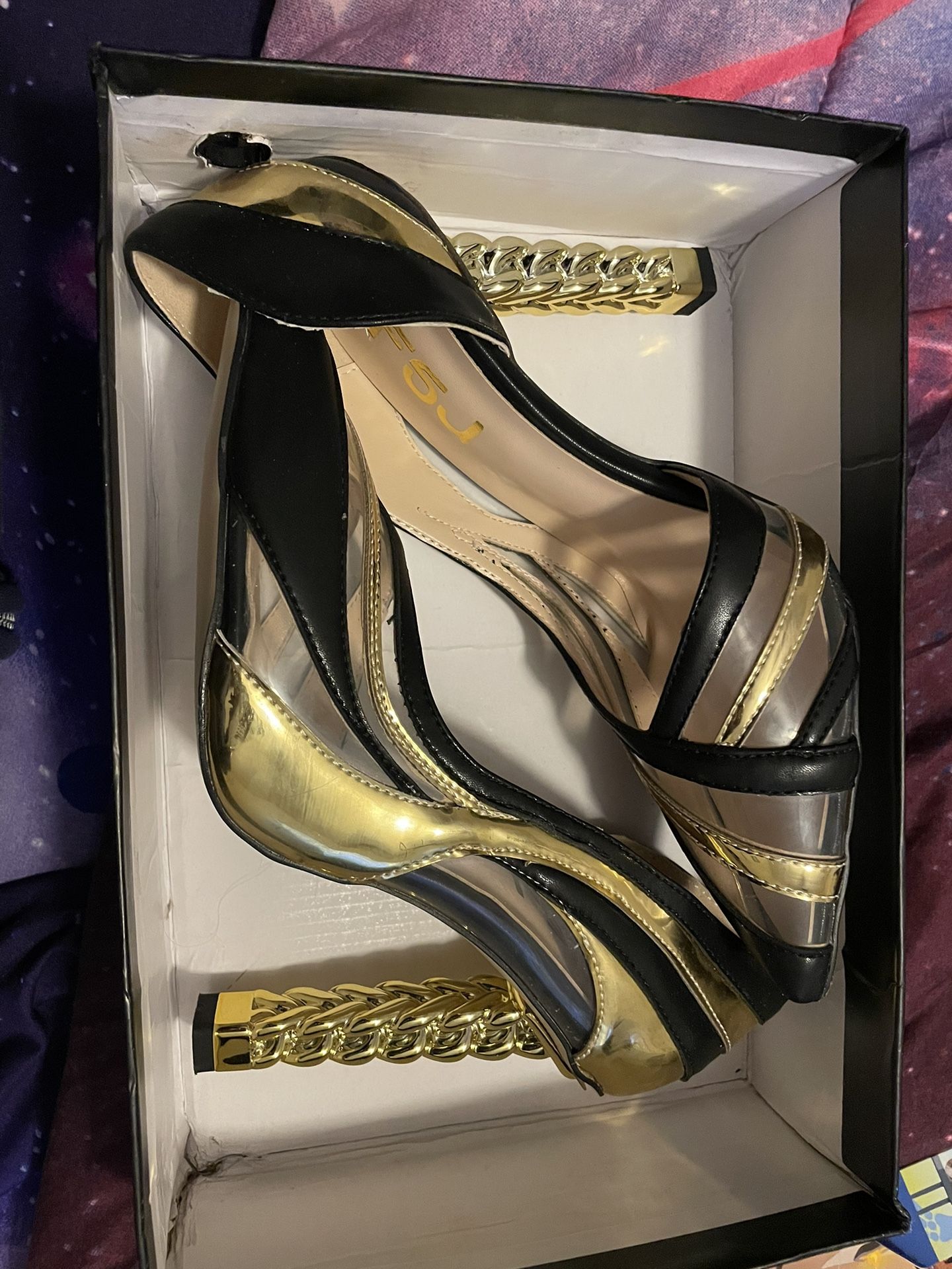 Black , Gold & Clear Heels