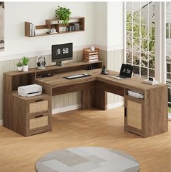 Brown Farmhouse L Shaped Desk with Drawers