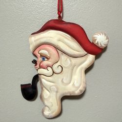 Vintage Dept 56 Metal Santa Head With Pipe And Glasses 3D Christmas Decor Ornament