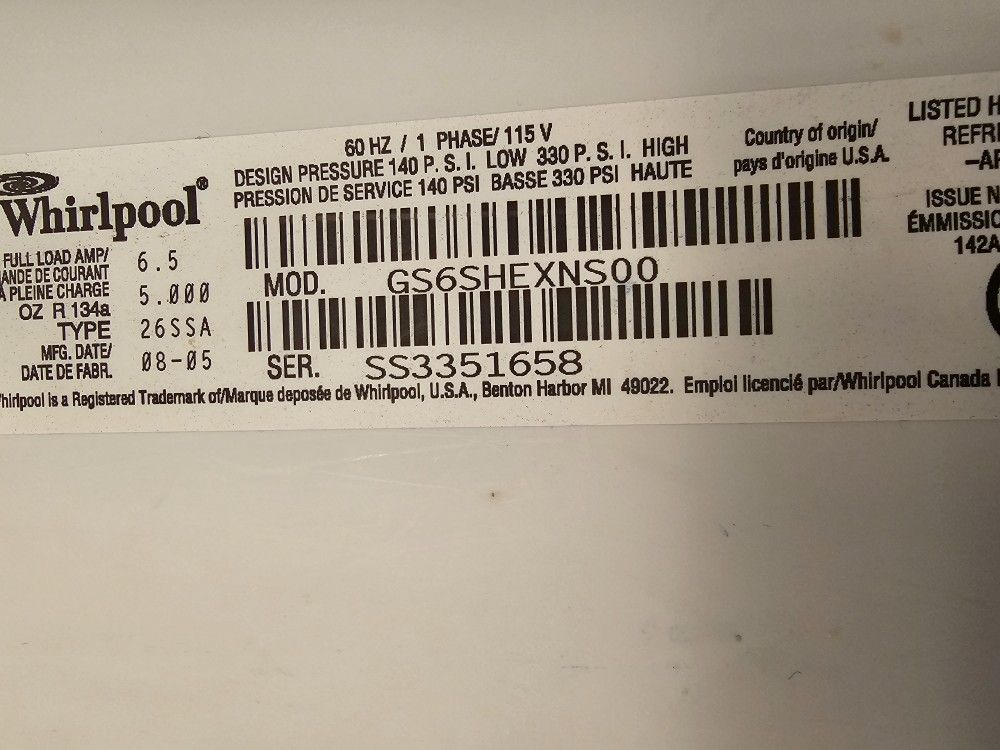 Whirlpool Gold SideBySide Refrigerator 25 Cubic Feet Stainless Steel