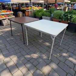 $35 for both! Two Vintage Square Metal Leg Folding Event Travel Tables! Sturdy. 34x34” 28” tall