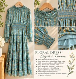Blue Green Floral Maxi Dress – Size M – Beautiful Beaded Detail