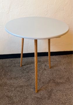 Round Side Table | Accent Table | Plant Stand ~25” H x 19.5” W  Top is painted light gray, legs are natural wood. Legs can screw off as needed for tra