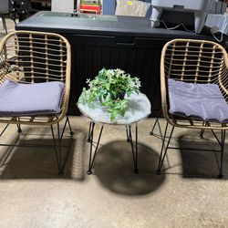 3 Piece Outdoor Bistro Set, Small Patio Furniture Set with with Metal & Wicker Frame, Tempered Glass Tabletop, All-Weather Table and Chairs for Backya