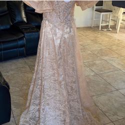 Champagne Lace Beaded Formal Ball Gown