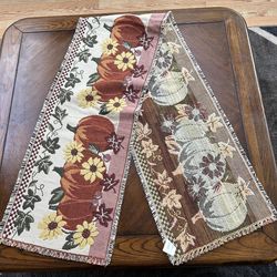 Fall Tapestry Table Runner Pumpkins Sunflower Leaves.
