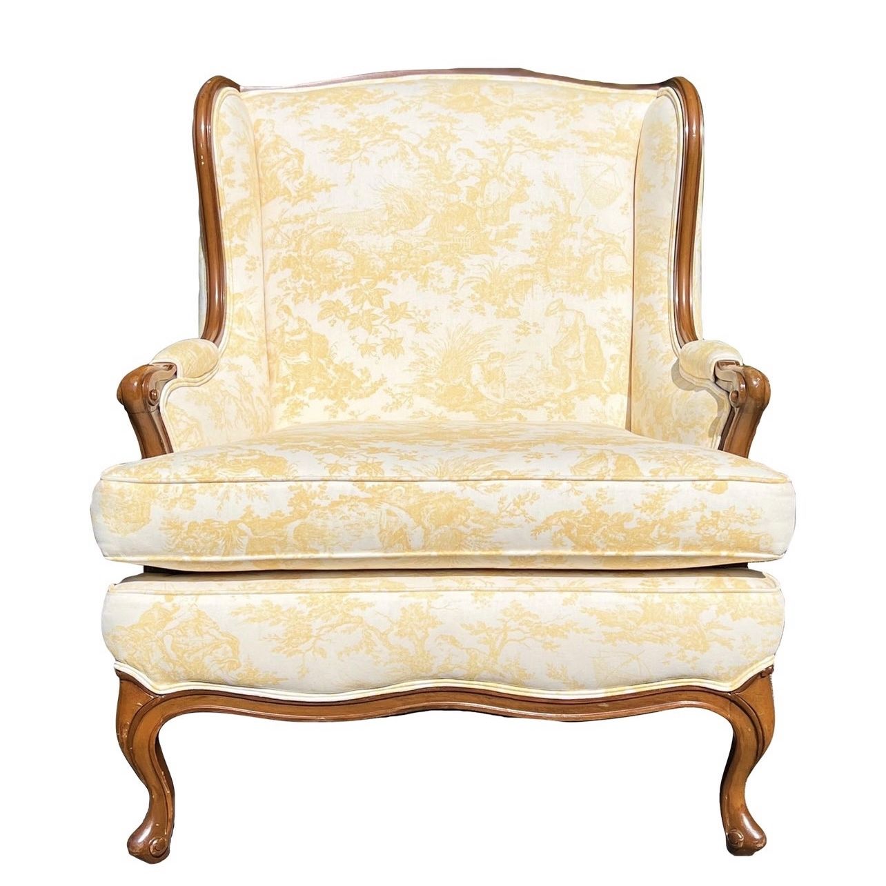 Mid 20th Century Yellow Toile French Country Wingback Chair