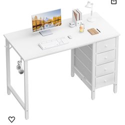 White Desk with Drawers - 40 Inch Computer Writing Table Desks with Fabric Drawer for Small Spaces Home Office