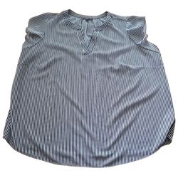 Adrianna Papell Black White Striped Cap Sleeve V Neck 1X Plus Size Blouse