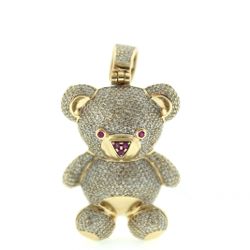 Teddy Bear Pendant 10K Gold, Diamond chips, Ruby chips