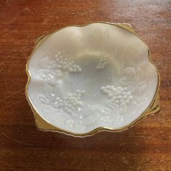 Anchor Hocking Vintage Milk Glass Bowl  Grape Pattern with gold Gilding