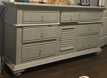Gray Wood Dresser with Drawers and Cabinet