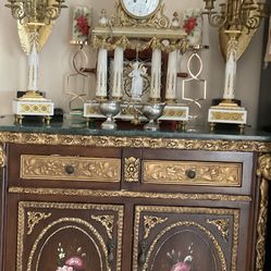 French Antique three piece marble, and gold mantle clock and candlesticks Medaille D’ Argent Crystal