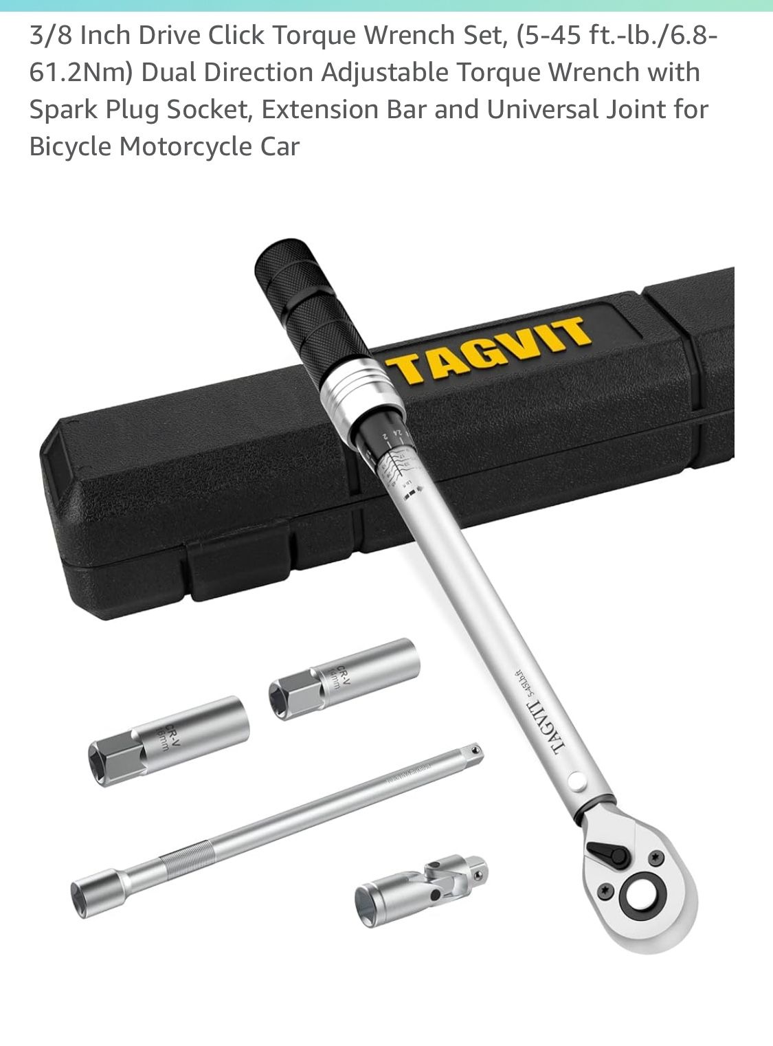 3/8 Inch Drive Click Torque Wrench Set, (5-45 ft.-lb./6.8-61.2Nm) Dual Direction Adjustable Torque Wrench with Spark Plug Socket, Extension Bar and Un