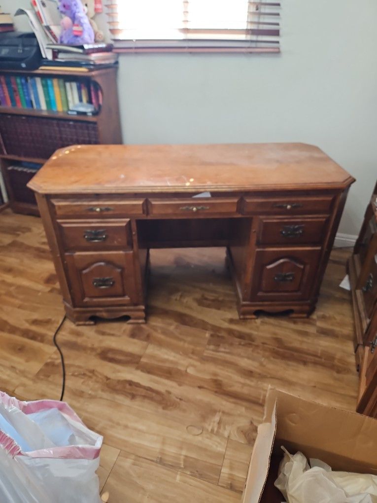 Antique Desk And 3 Panel Shelf/Entertainment Unit