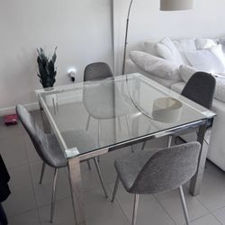 Modern Glass Dining Table + 4 Gray Chairs