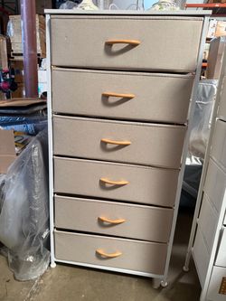 6-Drawer Fabric Dresser - Beige Linen Drawers - White Frame - Storage