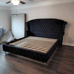 Black Upholstered Diamond Tufted King And Queen Size Bed Frame, Mattress 