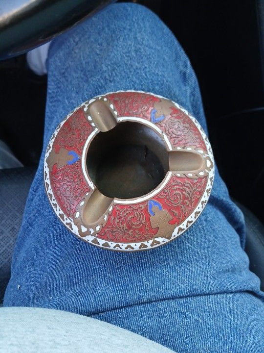 Vintage Brass Enamel Ashtray Thailand India