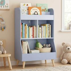Montessori Shelf, 3-Tier Wooden Toy Storage Organizer for Books Toys, 2 Cubbies Open Bookcase, Toddler Multifunctional Display for Playroom Nursery Cl