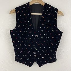 Vintage 90s Black Velvet Multicolor Embroidered Floral Sleeveless Vest Top