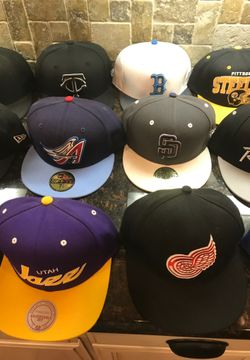 Collection of flat brim caps, most new w/out tags most baseball