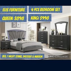 New Bedroom Set 
Dark Grey Velvet 
LED Light
Crystals Diamond
Includes Bed, Night Stand, Dresser & Mirror
Queen: $898 + Tax
King: $989 + Tax
FREE LOCA