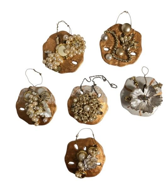 set of 6 hand decorated faux sand dollar Christmas ornaments