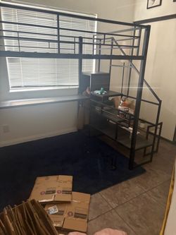 Metal Loft Bed Frame with Stairs and Desk