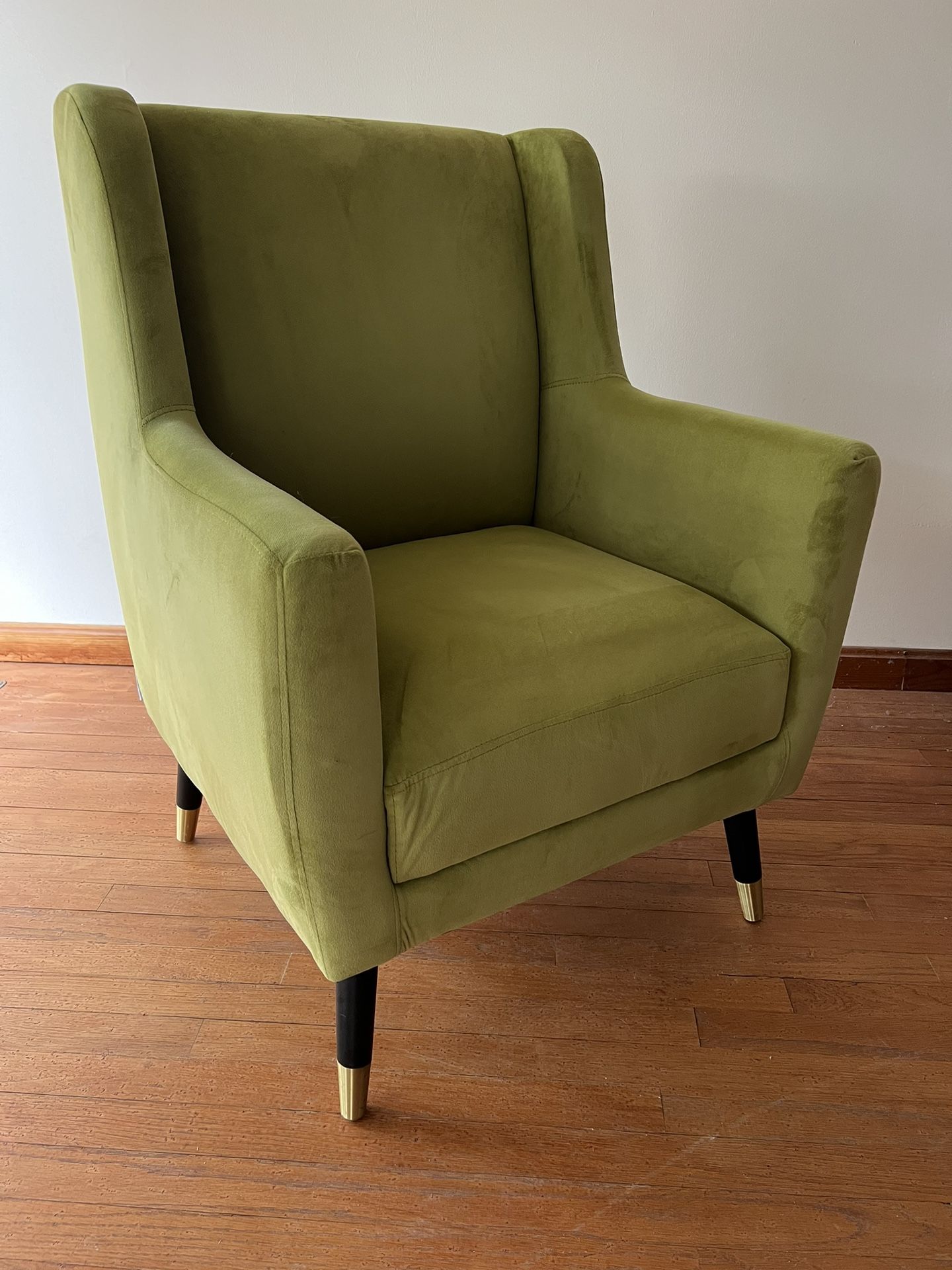 Velvet Modern Accent Chair with wood legs, gold metal accents, Olive Green