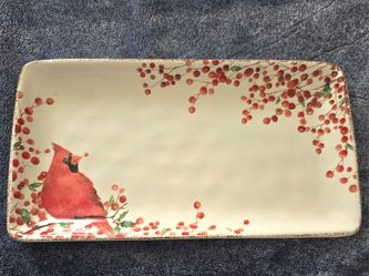 New Potter’s Studio Christmas Red Cardinal Holly Berries Serving Platter Tray