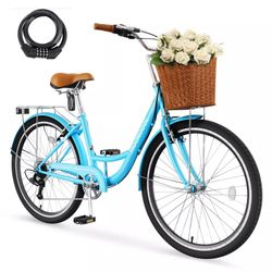 BLUE 7 Speed Women's Bike 24/26 Inch Beach City Cruiser Bicycle with Rattan Basket US