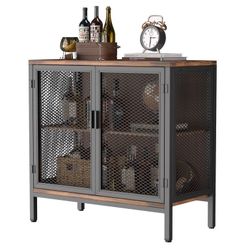 LE46 $50  Metal Storage Cabinet with Mesh Doors, Adjustable Shelf, Wood Grain Top, 3-Tier Accent Cabinet for Living Room, Home Office, Laundry Room  S