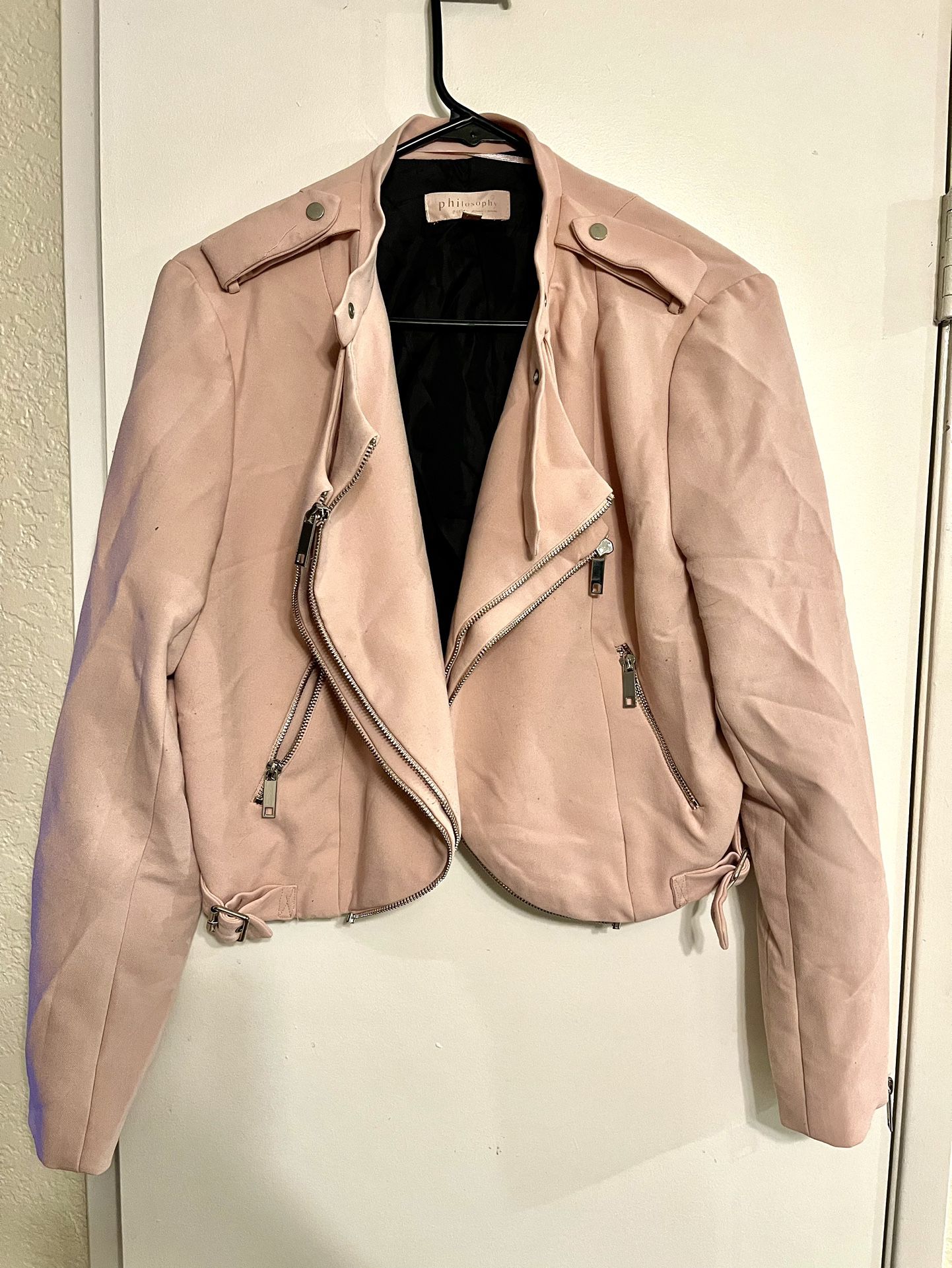 Pink cropped biker jacket, size 12 P 