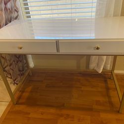 White And Gold Table With Two Drawers- Vanity, Desk