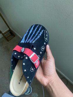 Meckman Navy Suede Studded Clog with Skeleton Hand
