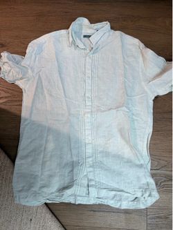 Men’s Cubavera off-white sky pastel blue linen & cotton shirt with thin vertical stripes, size L #cubavera #striped size is Large