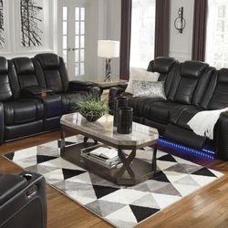 Party Time Midnight LED Power Reclining Living Room Set with Adjustable Headrest (Sofa and Loveseat