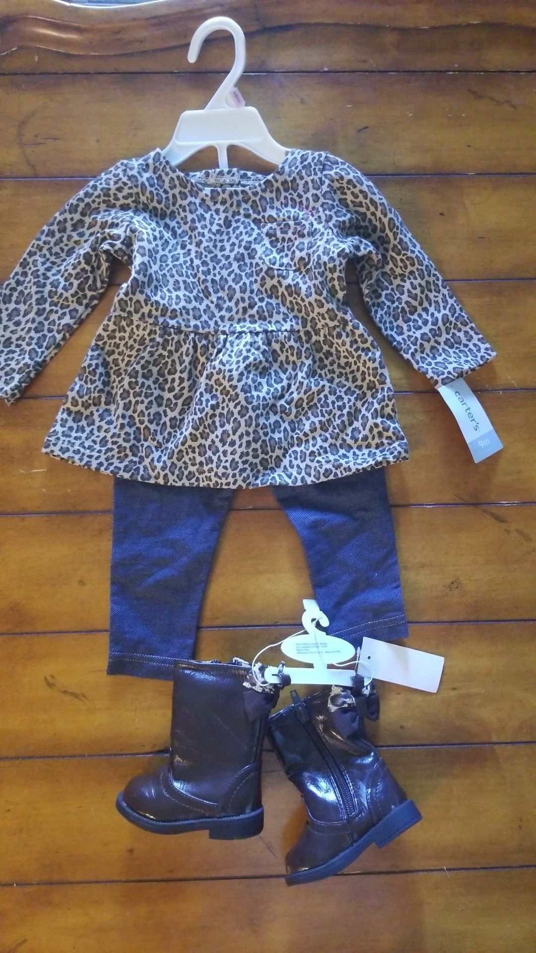 New baby girls leopard print fall winter outfit size 9M 9 months Carter's 2 piece outfit top jeggings & koala baby size 2 Brown bow boots gift