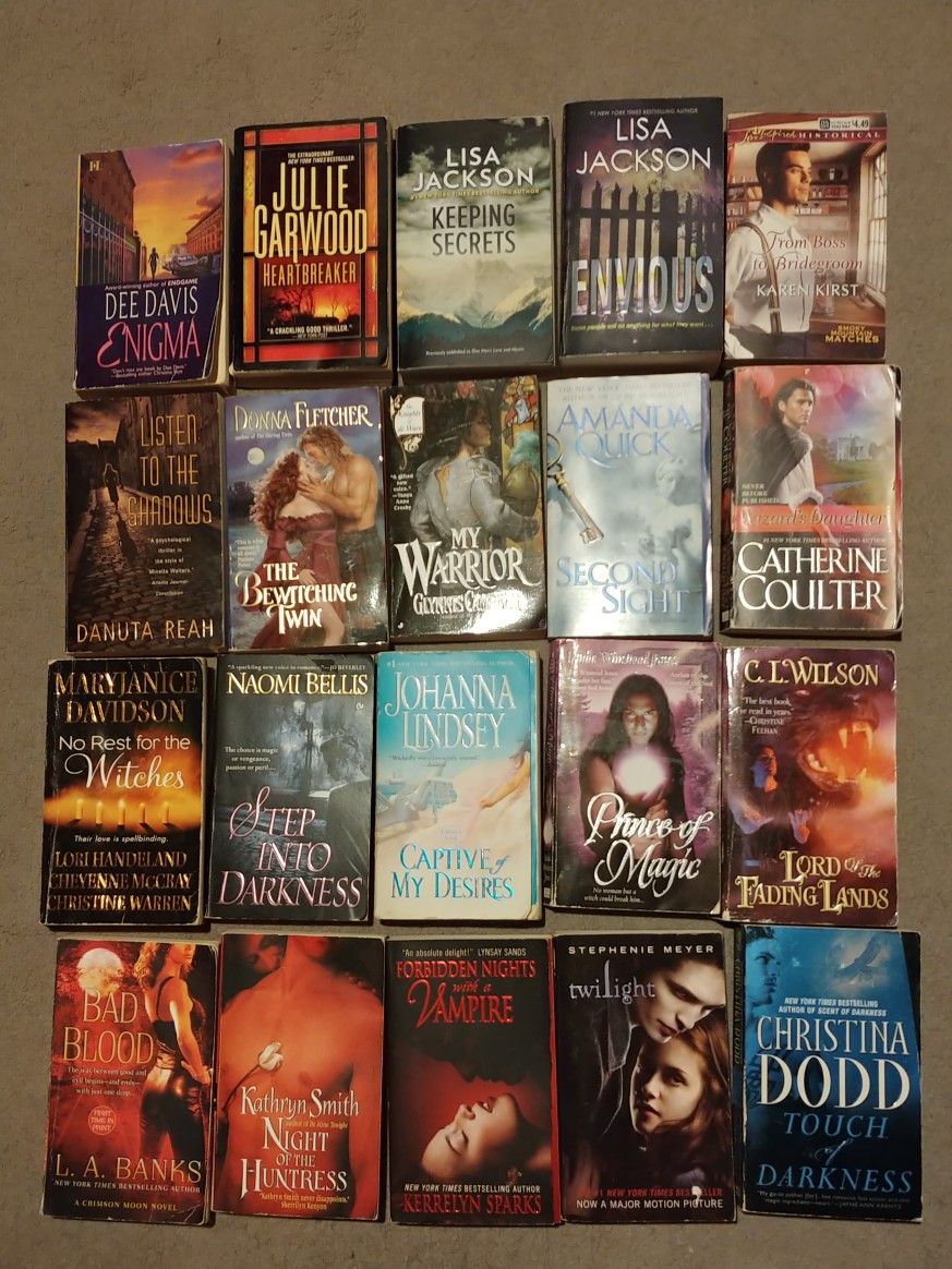 20 Paperback books-romance, vampires, witches, magic & more