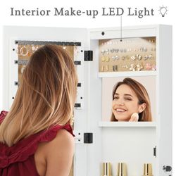 Solid Wood Jewelry Armoire Organizer Cabinet with Full-Length Mirror, 47.5x14.3 in Wall-Mounted Lockable with LED Light