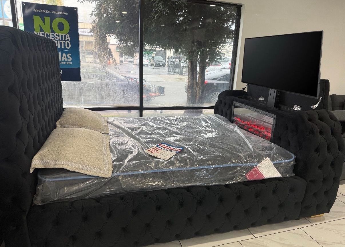 😴 NUEVA!! Cama Con Chimenea LED y Lift De Televisión EN CAJA 📦